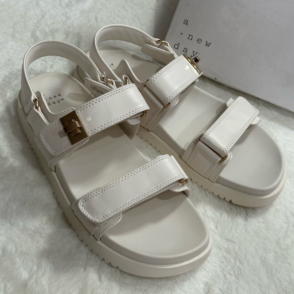 A New Day Women's Off White Jonie Strap Sandals with Gold Details